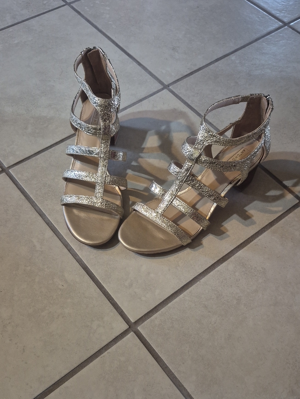 ANTONIO MELANI Silver Glitter Strappy Block Heel Sandals
